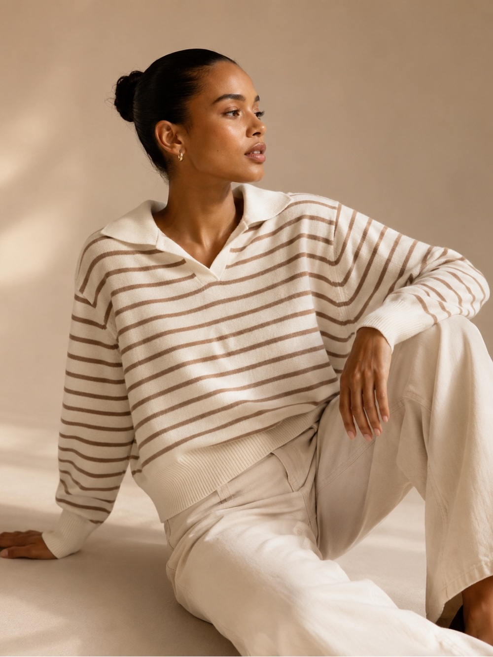 Bécool Cream Brown Striped Collared Sweater Women's M/L Coastal Quiet